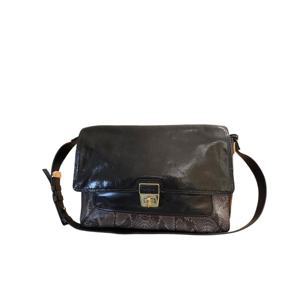 Cole Haan Black Leather Snakeskin Embossed Large Shoulder Bag Gold Turn Lock - Picture 2 of 13